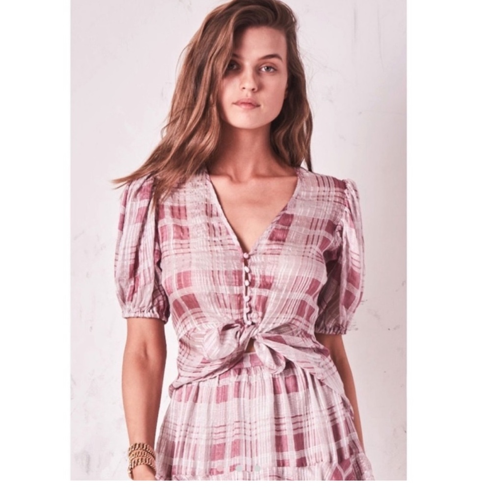 Love Shack Fancy Jordan Plaid Silk Blouse Sz S/M